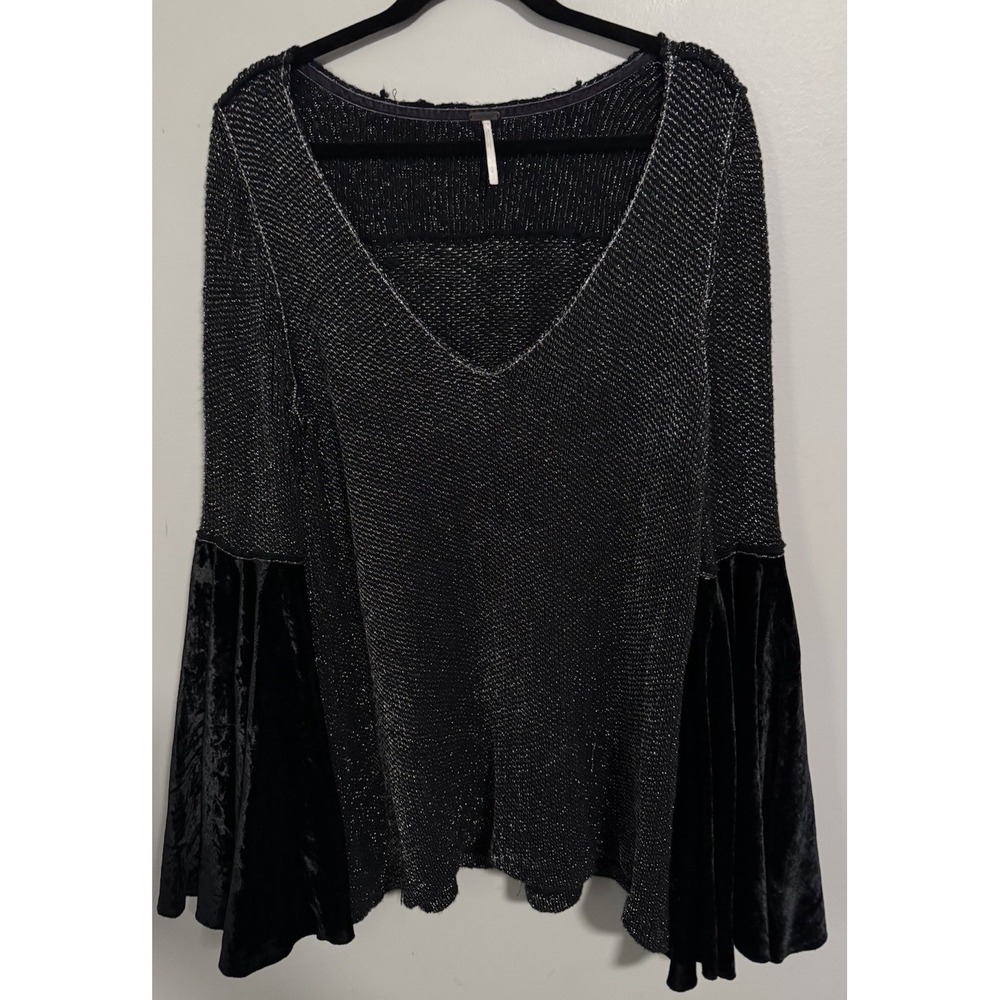 Free People Sweater Black Silver Metallic Glitter Velvet V-Neck Bell Sleeve